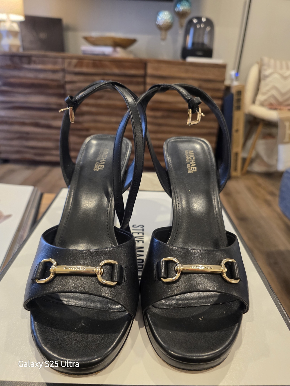 MICHAEL Michael Kors Black Leather Gold-Tone Buckle Ankle Strap Heels